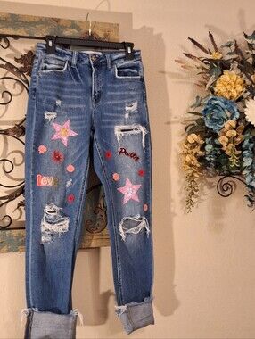 Reworked Upcycled Relaxed Boyfriend Jeans Pink Star & Floral Appliqués Size 26